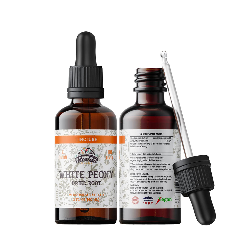 Florida Herbs White Peony tincture bottle front view with hormone-free, preservative-free formula.