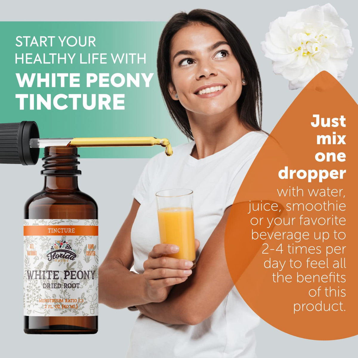 Florida Herbs White Peony tincture label highlighting organic, non-GMO ingredients.