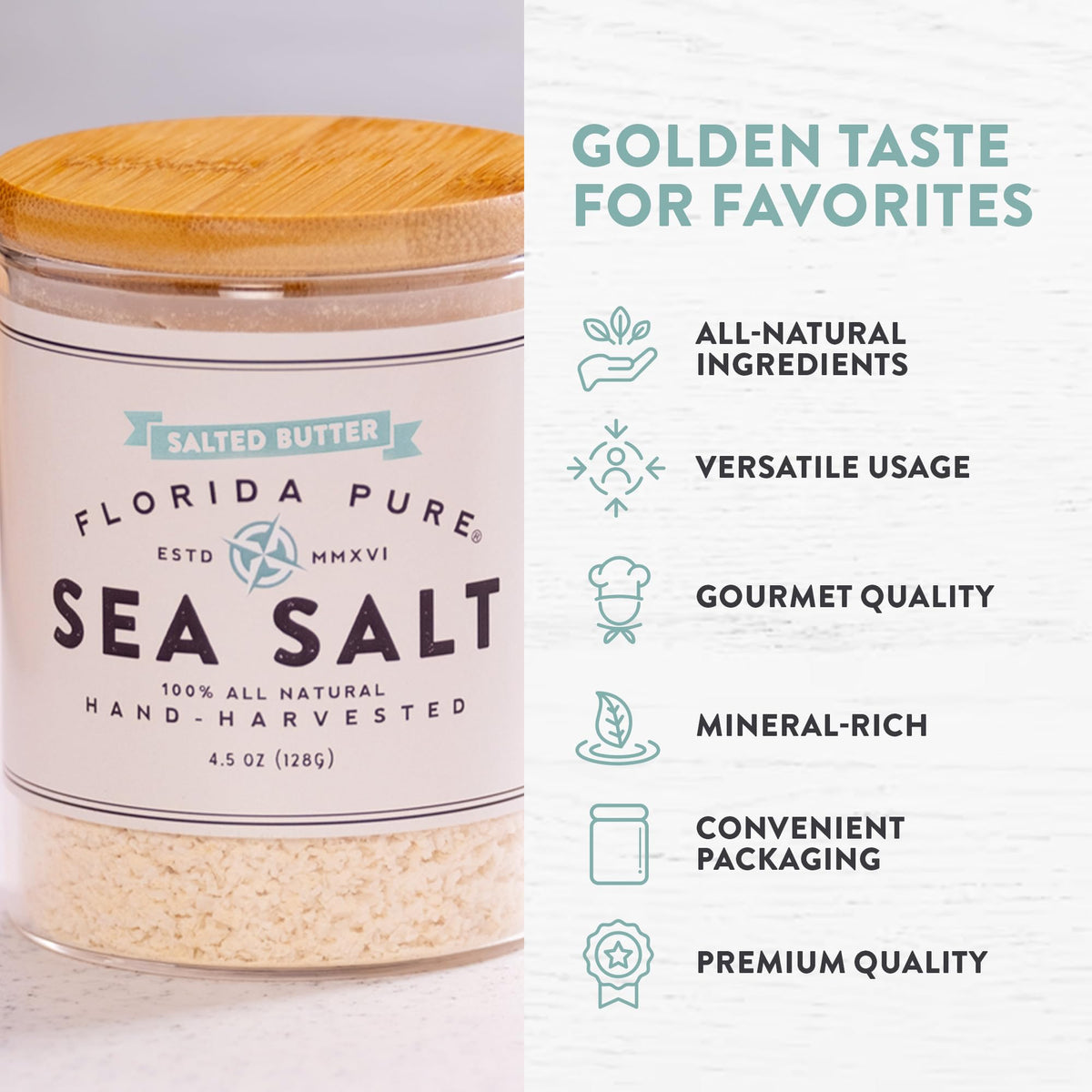 Florida Pure hand-harvested flaky sea salt crystals for gourmet seasoning.