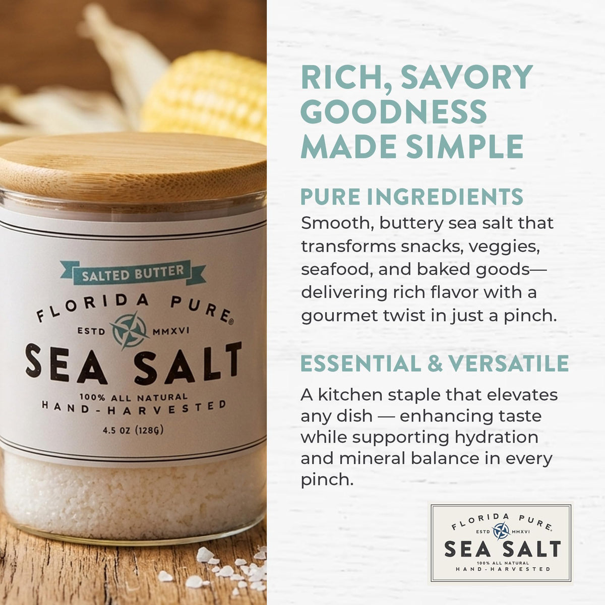 Florida Pure non-iodized natural sea salt ideal for baking and seasoning.