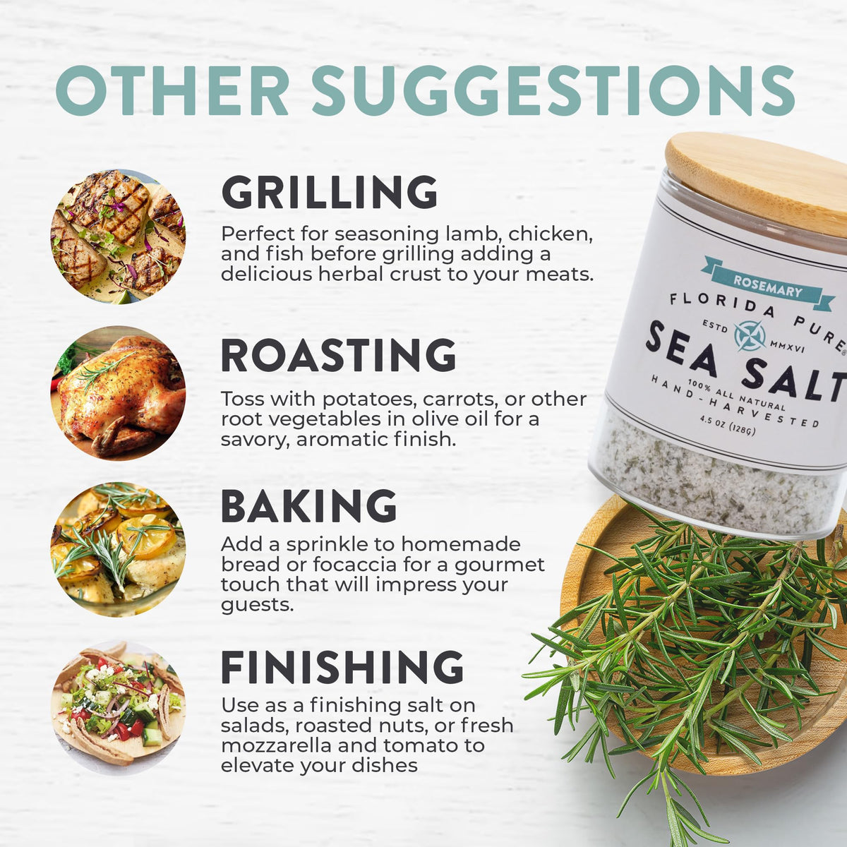 Florida Pure rosemary sea salt grain texture reveals flaky crystals for gourmet seasoning.
