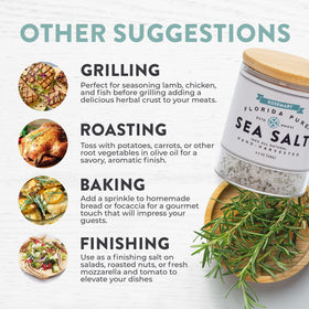 Florida Pure rosemary sea salt grain texture reveals flaky crystals for gourmet seasoning.