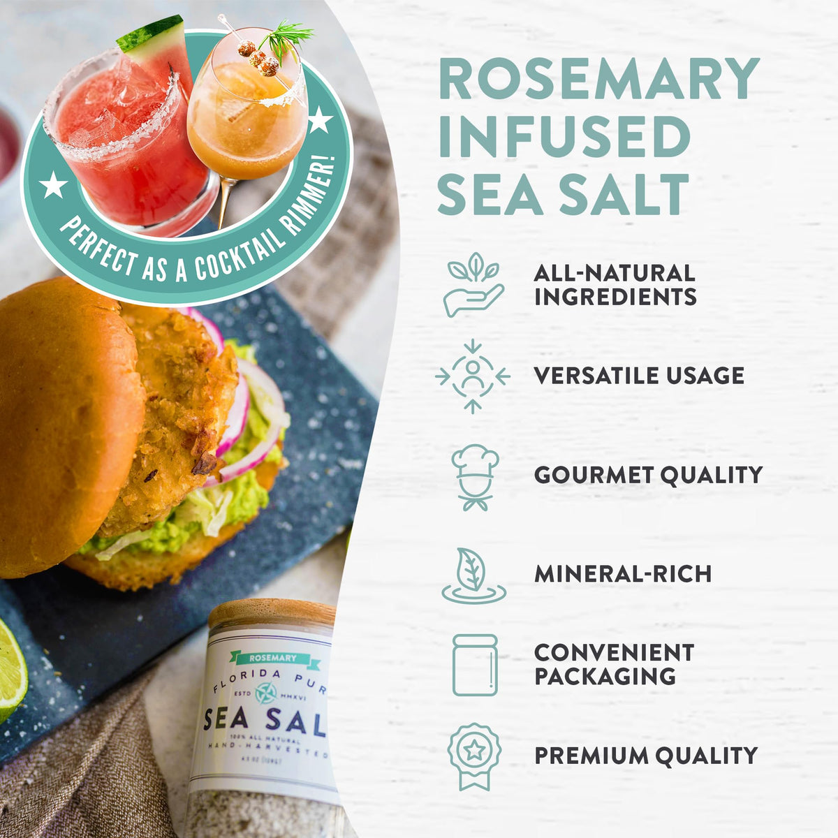 Florida Pure rosemary sea salt jar closeup highlights piney aroma and mineral-rich flavor.