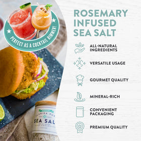 Florida Pure rosemary sea salt jar closeup highlights piney aroma and mineral-rich flavor.