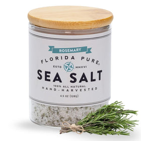 Florida Pure rosemary sea salt jar front shows herbal aroma for roasting and seasoning.