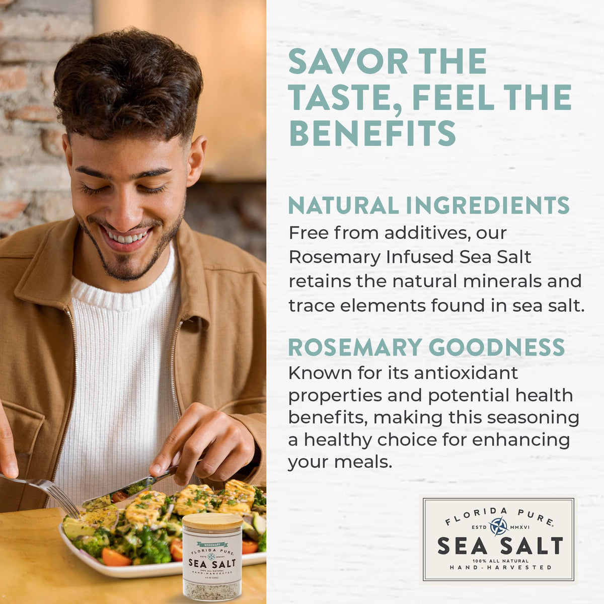 Florida Pure rosemary sea salt label closeup signals natural, additive-free quality.