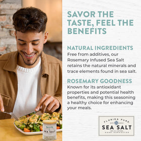 Florida Pure rosemary sea salt label closeup signals natural, additive-free quality.
