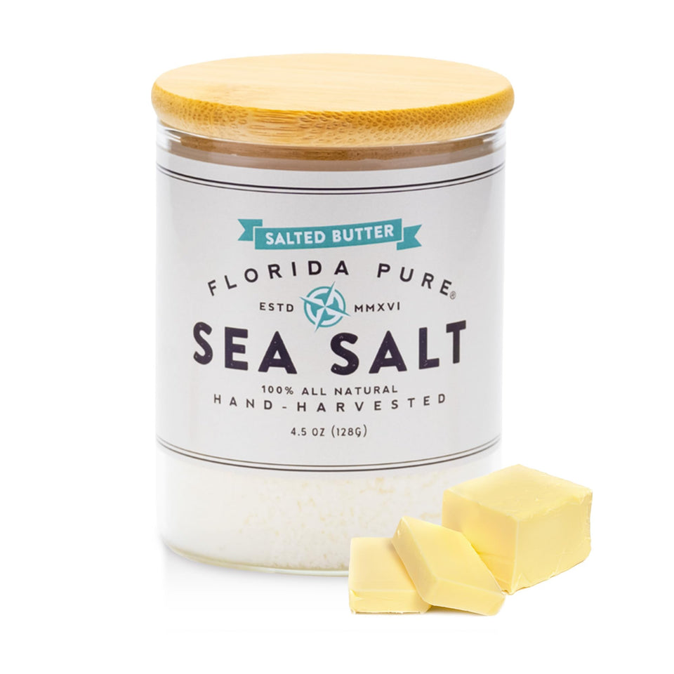 Florida Pure salted butter sea salt jar enhances popcorn with a buttery finish.