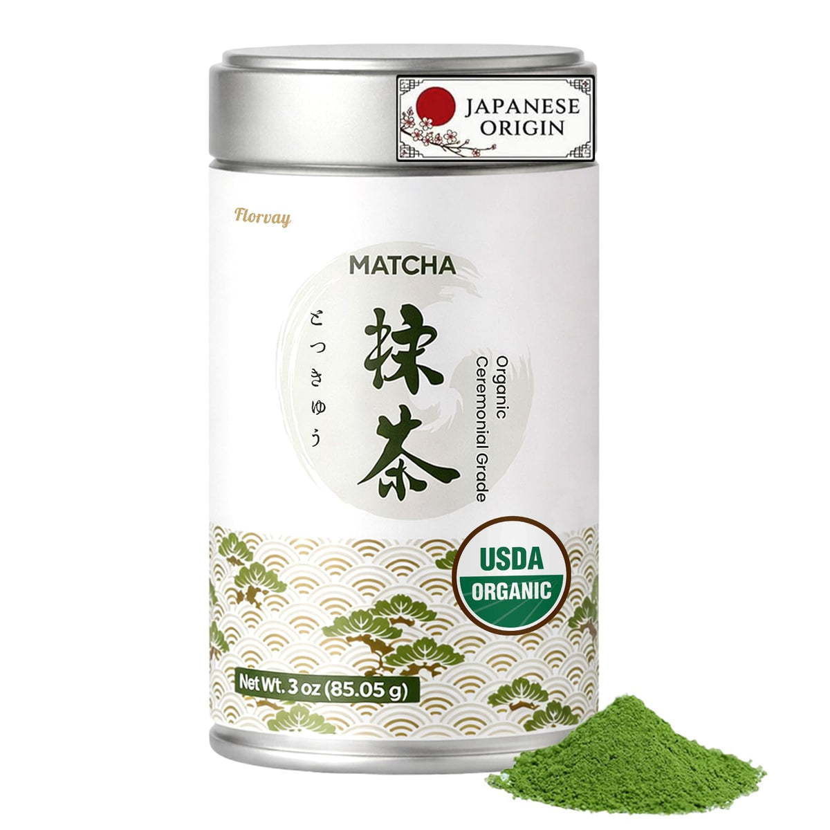 Florvay Matcha powder tin in vibrant green, ideal for ceremonial-grade preparation.