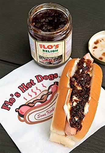 Flo's Hot Dog Relish original jar close-up spread reveals a rich, mild sweetness for hot dogs.