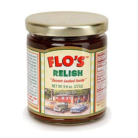 Flo's Hot Dog Relish original jar front view showcases premium flavor for dogs.