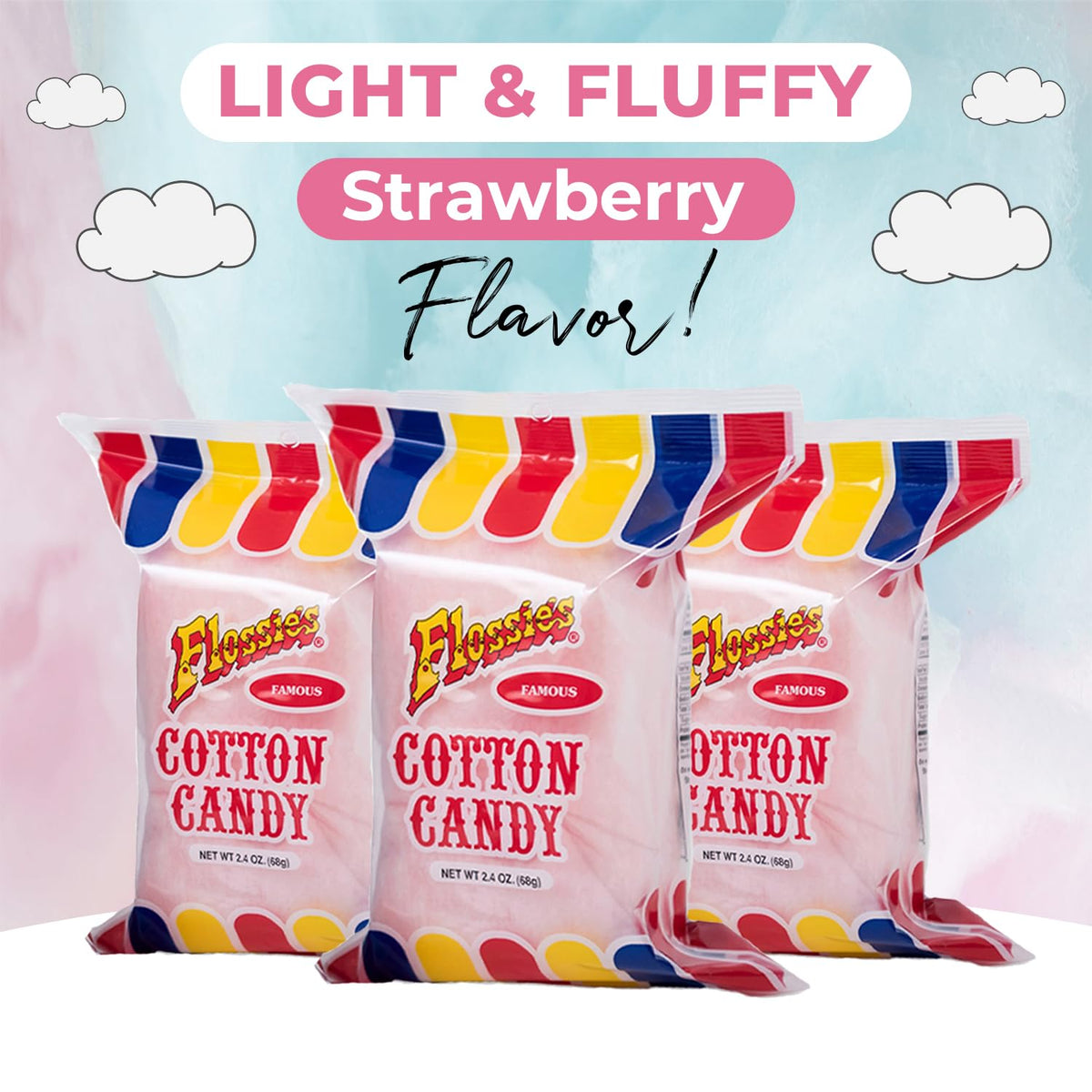 Flossie’s Pink-Strawberry Cotton Candy close-up, fluffy texture evokes carnival nostalgia