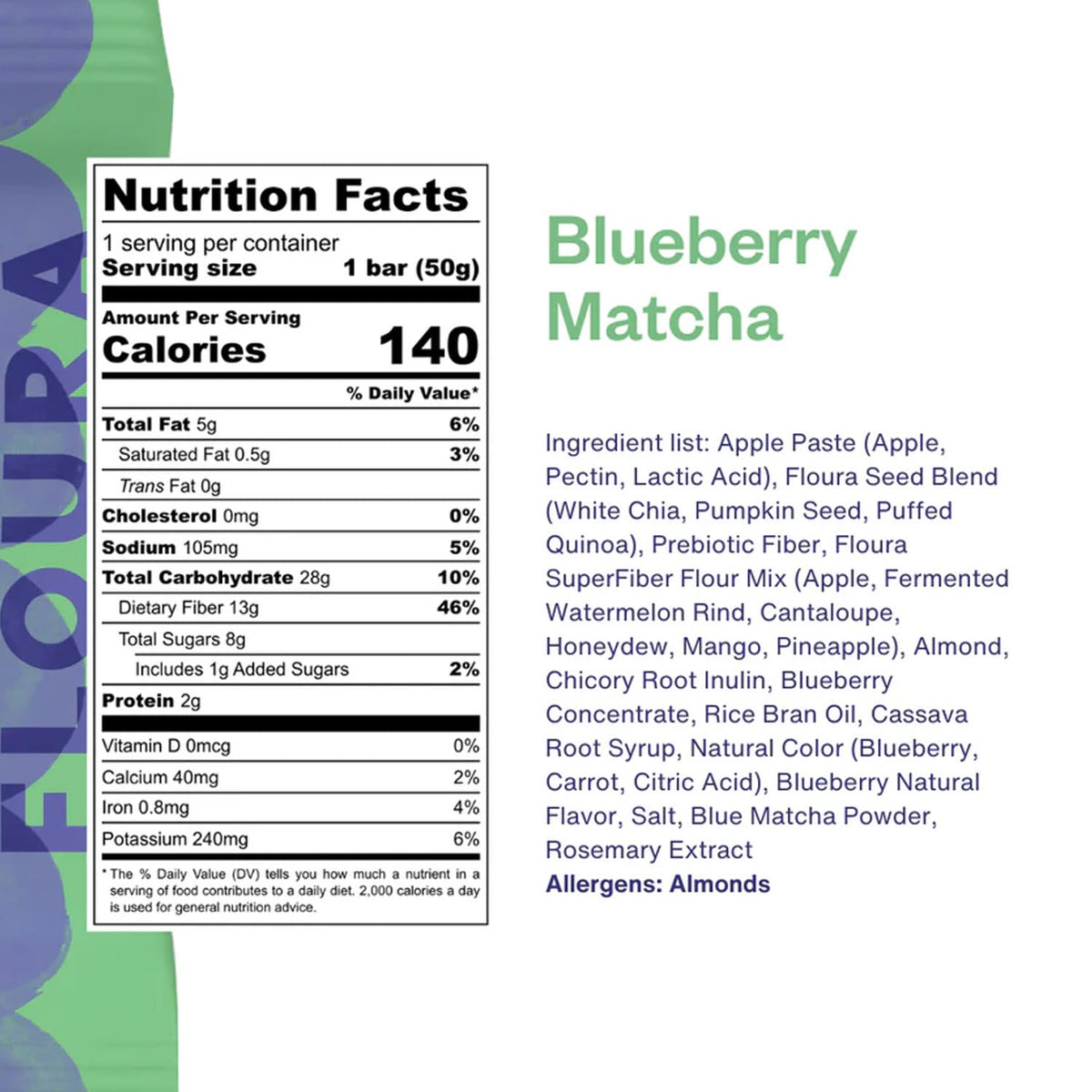 Floura Blueberry Matcha bar close-up reveals vibrant fruit-forward flavor.