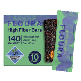Floura Blueberry Matcha bars packaging highlights sustainability and grab-and-go convenience.