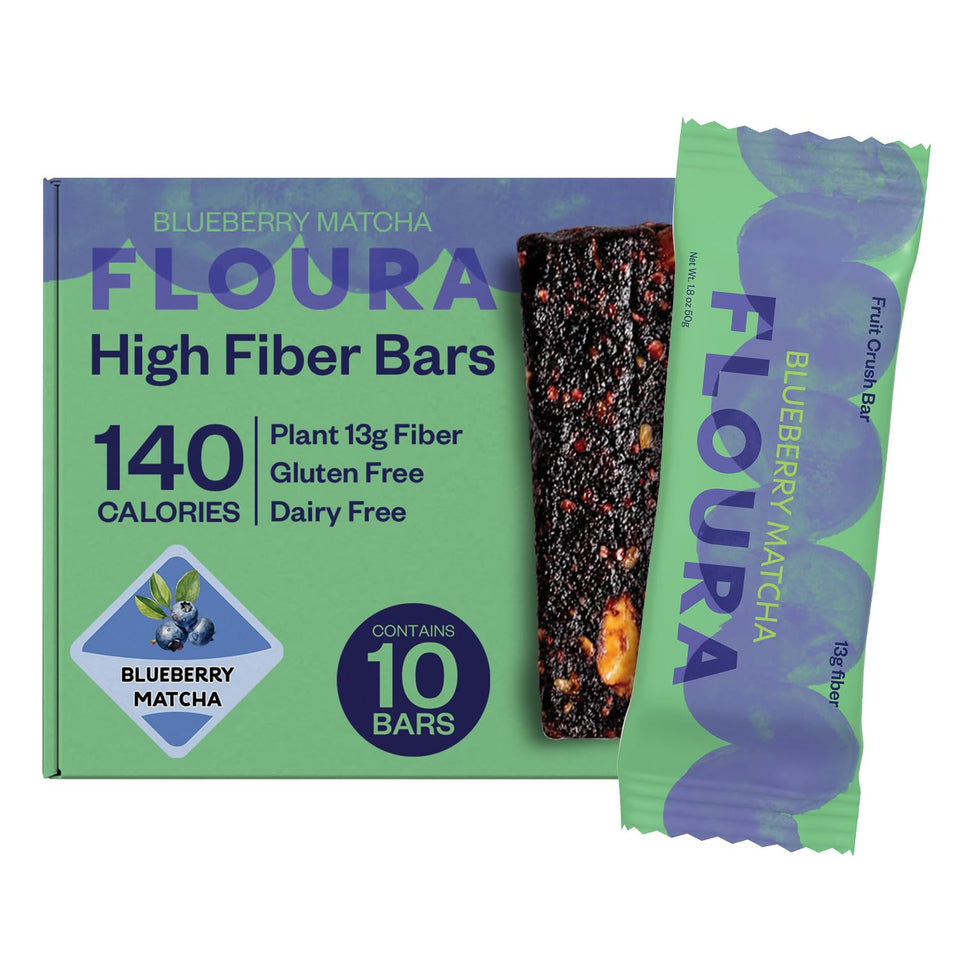 Floura Blueberry Matcha bars packaging highlights sustainability and grab-and-go convenience.