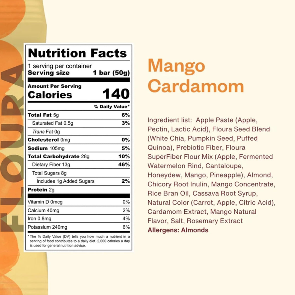 Floura Mango Cardamom bar ingredients showcase juicy mango, cardamom, and cashews for a fruity bite