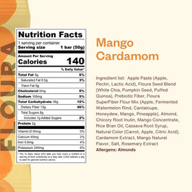 Floura Mango Cardamom bar ingredients showcase juicy mango, cardamom, and cashews for a fruity bite