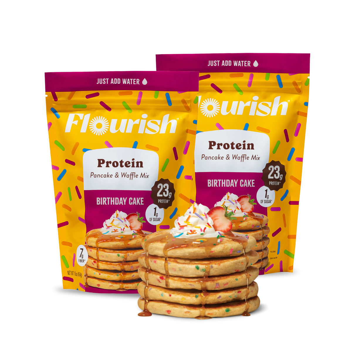 Flourish Birthday Cake pancake mix packaging highlights protein-rich ingredients.
