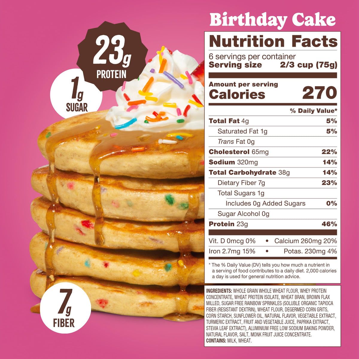 Flourish Birthday Cake pancake stack plated for a satisfying, fiber-rich morning meal.