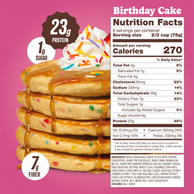 Flourish Birthday Cake pancake stack plated for a satisfying, fiber-rich morning meal.