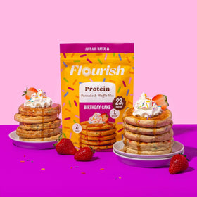 Flourish Birthday Cake baked muffins as a convenient high-protein snack.