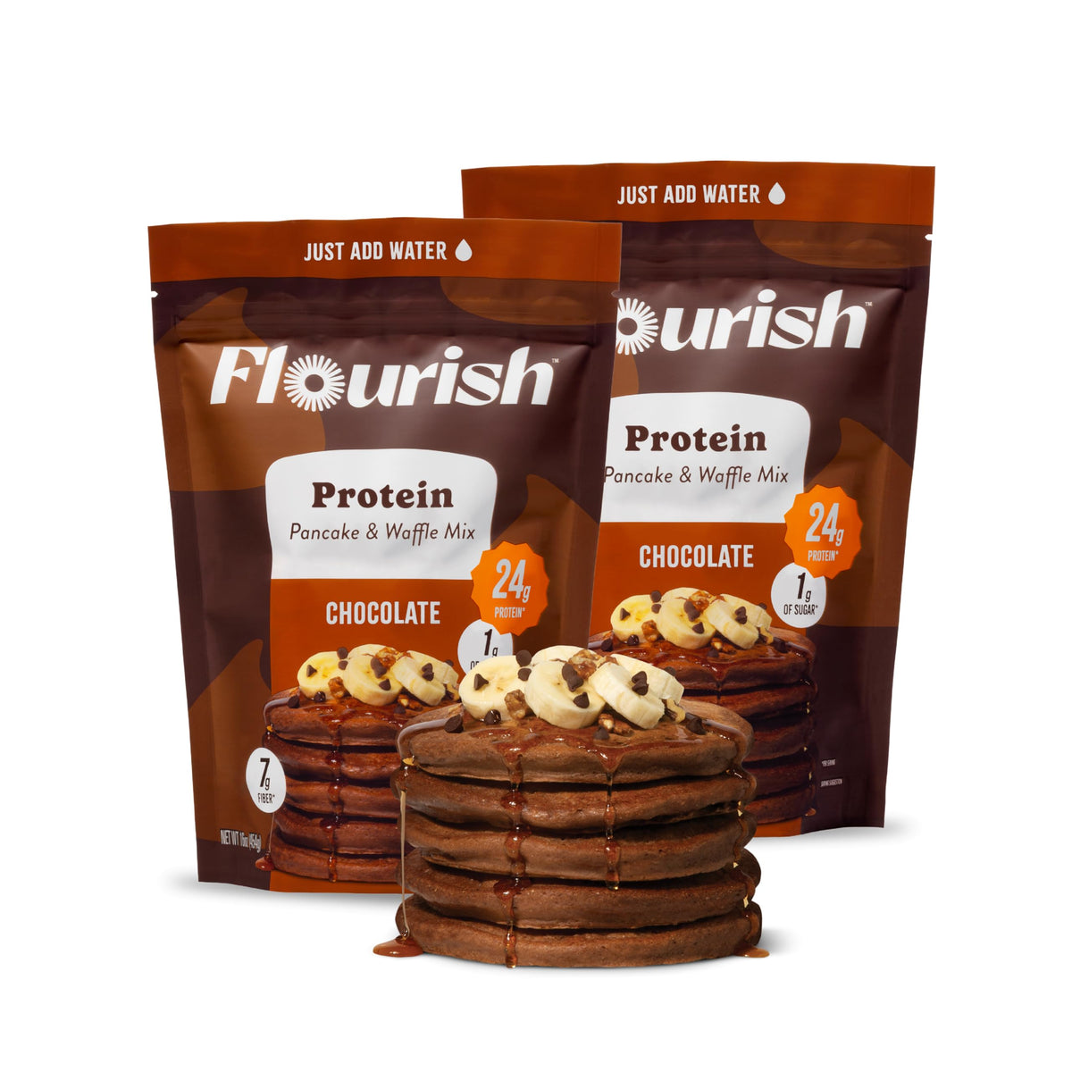 Flourish Chocolate Pancake Mix being poured for a high-protein breakfast