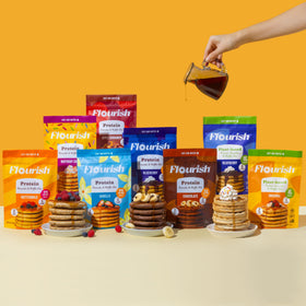 Flourish chocolate pancake mix pack shot with brand label