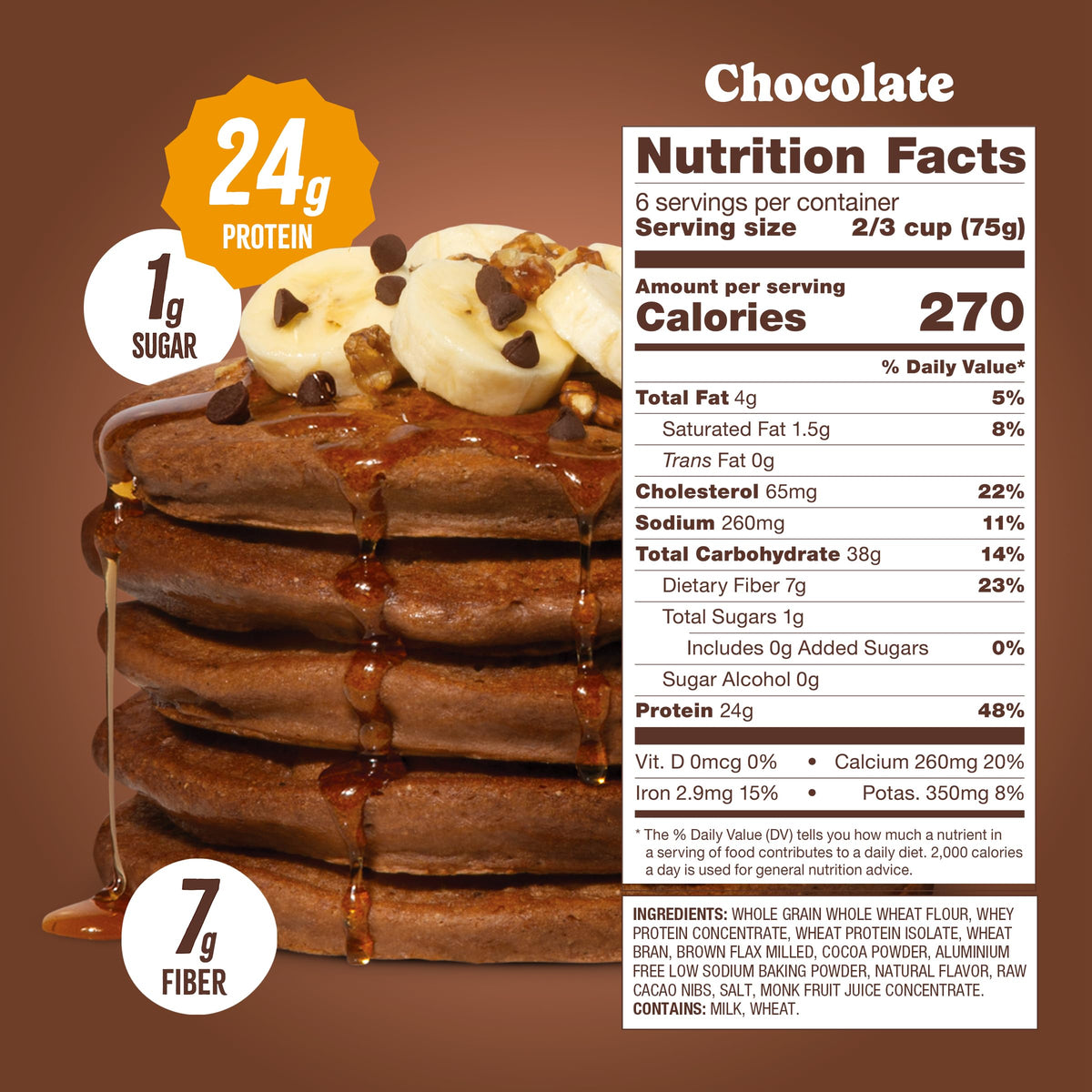 Stack of Flourish chocolate pancakes on a plate