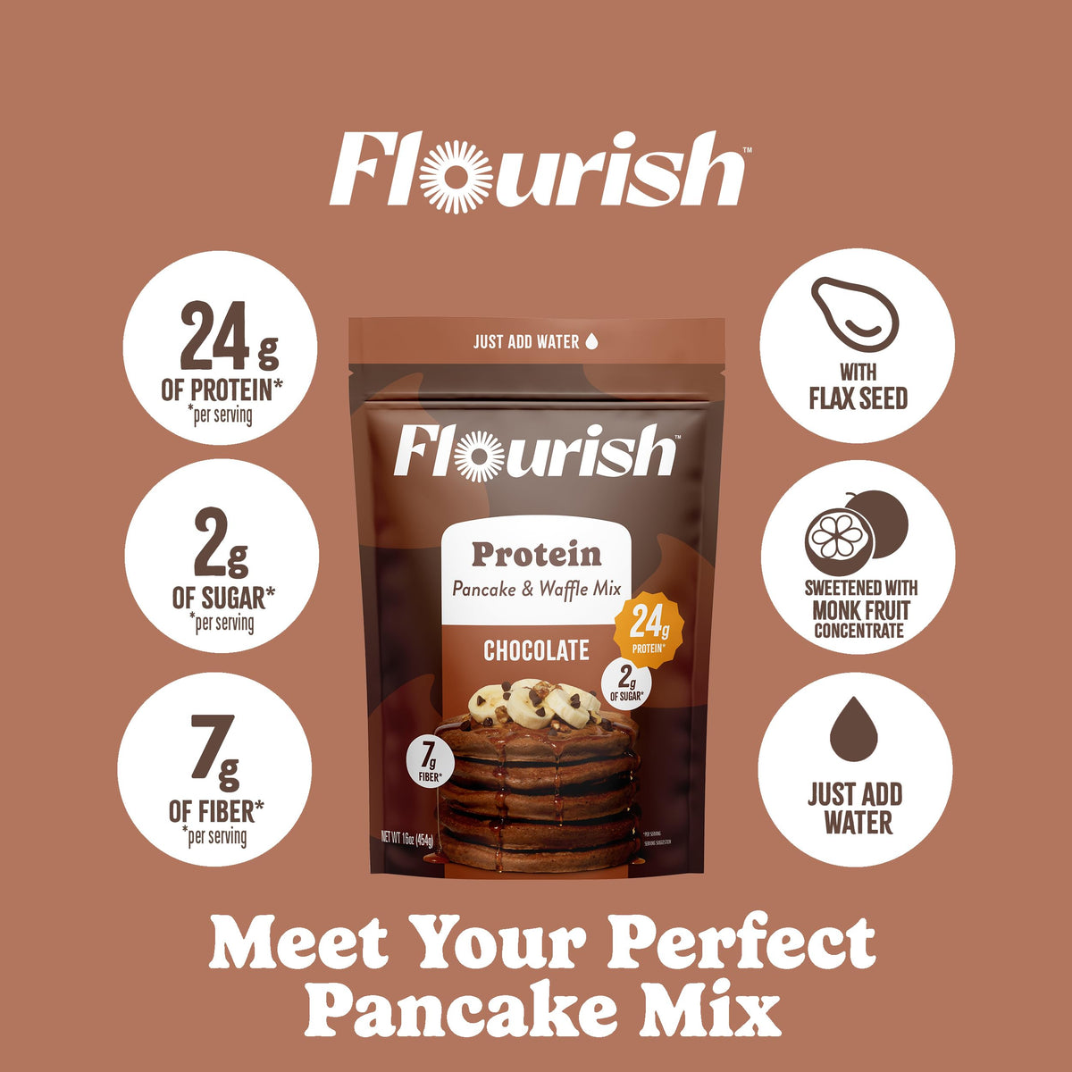 Flourish chocolate pancake mix beside a waffle maker for versatile meals