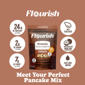 Flourish chocolate pancake mix beside a waffle maker for versatile meals