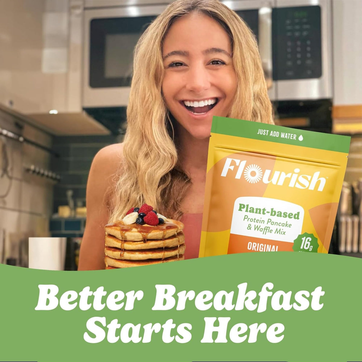 Flourish Healthy breakfast setup with fruit, syrup, and skillet.