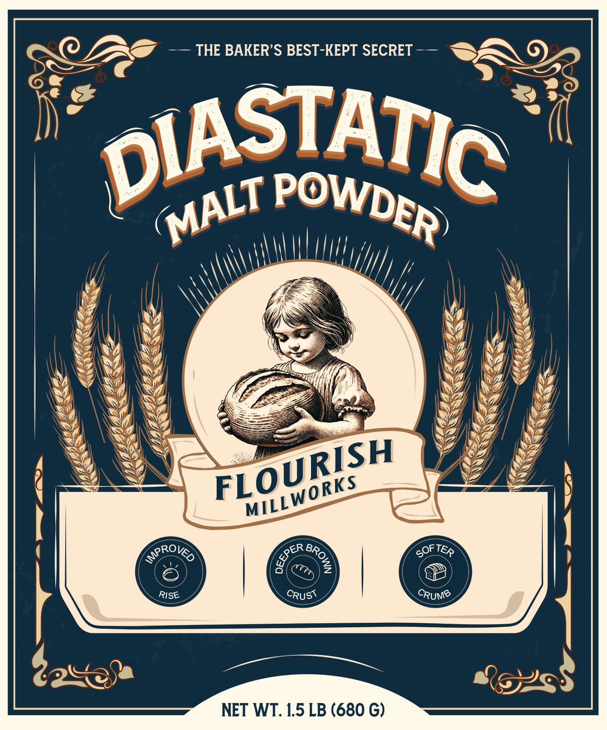 Flourish Millworks Diastatic Malt Powder in a resealable jar for superior rise and even browning.