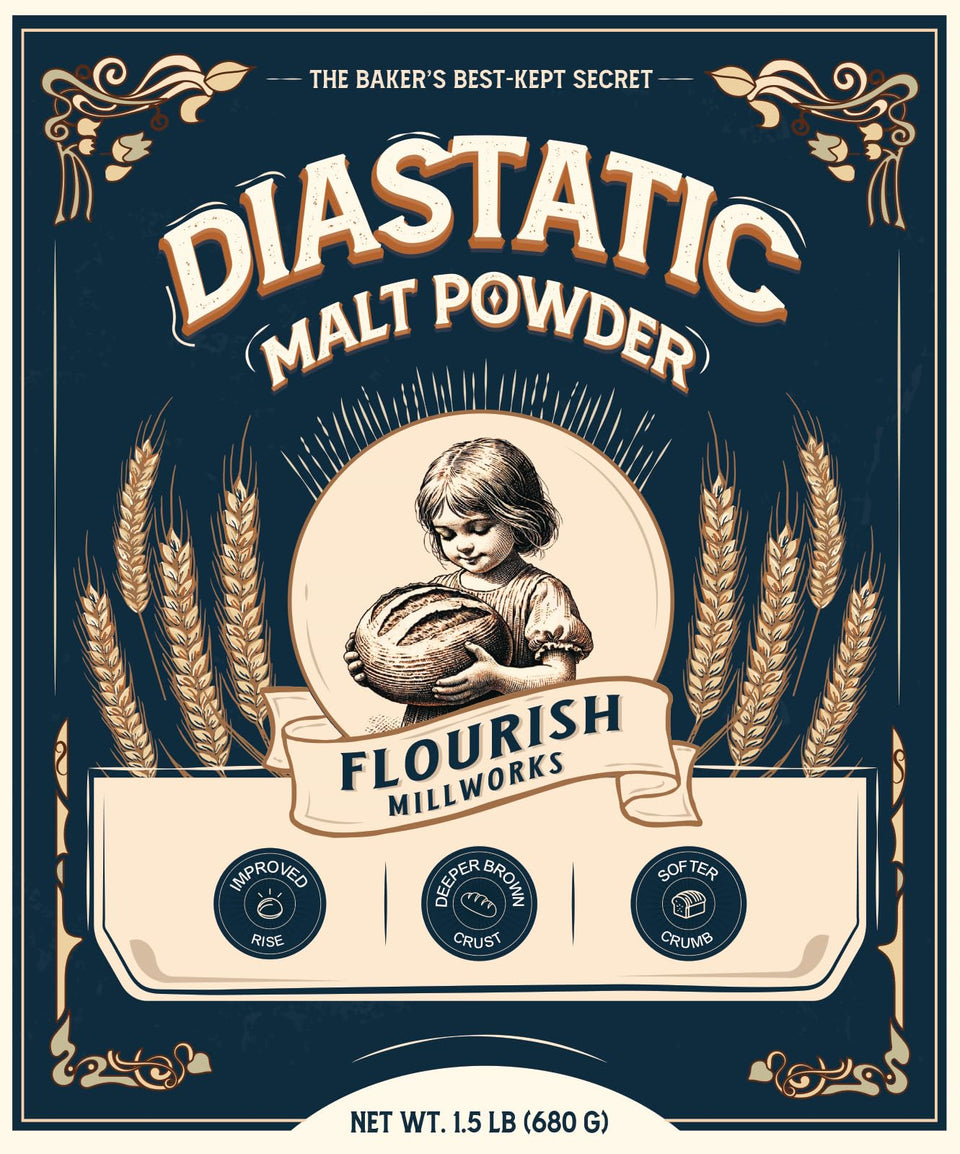 Flourish Millworks Diastatic Malt Powder in a resealable jar for superior rise and even browning.
