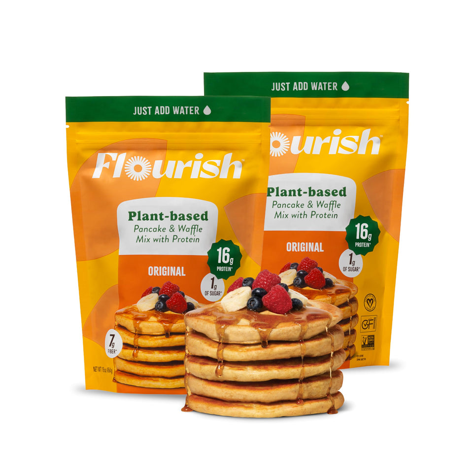 Flourish Pancake Mix bag front image showing gluten-free and vegan-friendly packaging.