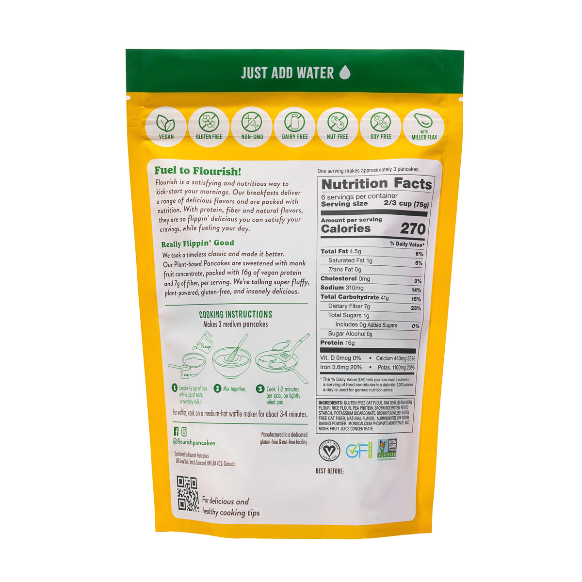 Flourish Pancake Mix stack on plate highlighting high-protein breakfast option.