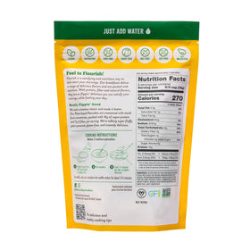Flourish Pancake Mix stack on plate highlighting high-protein breakfast option.
