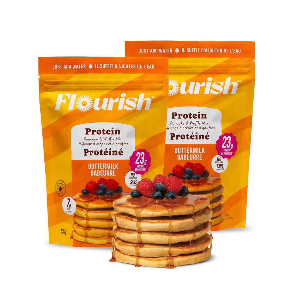 Flourish protein pancake mix bottle pour with buttermilk flavor; quick protein-packed breakfast.