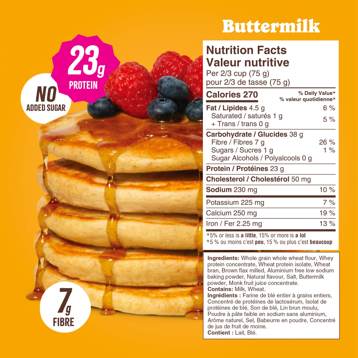 Fluffy Flourish pancakes stack, high-protein breakfast option.
