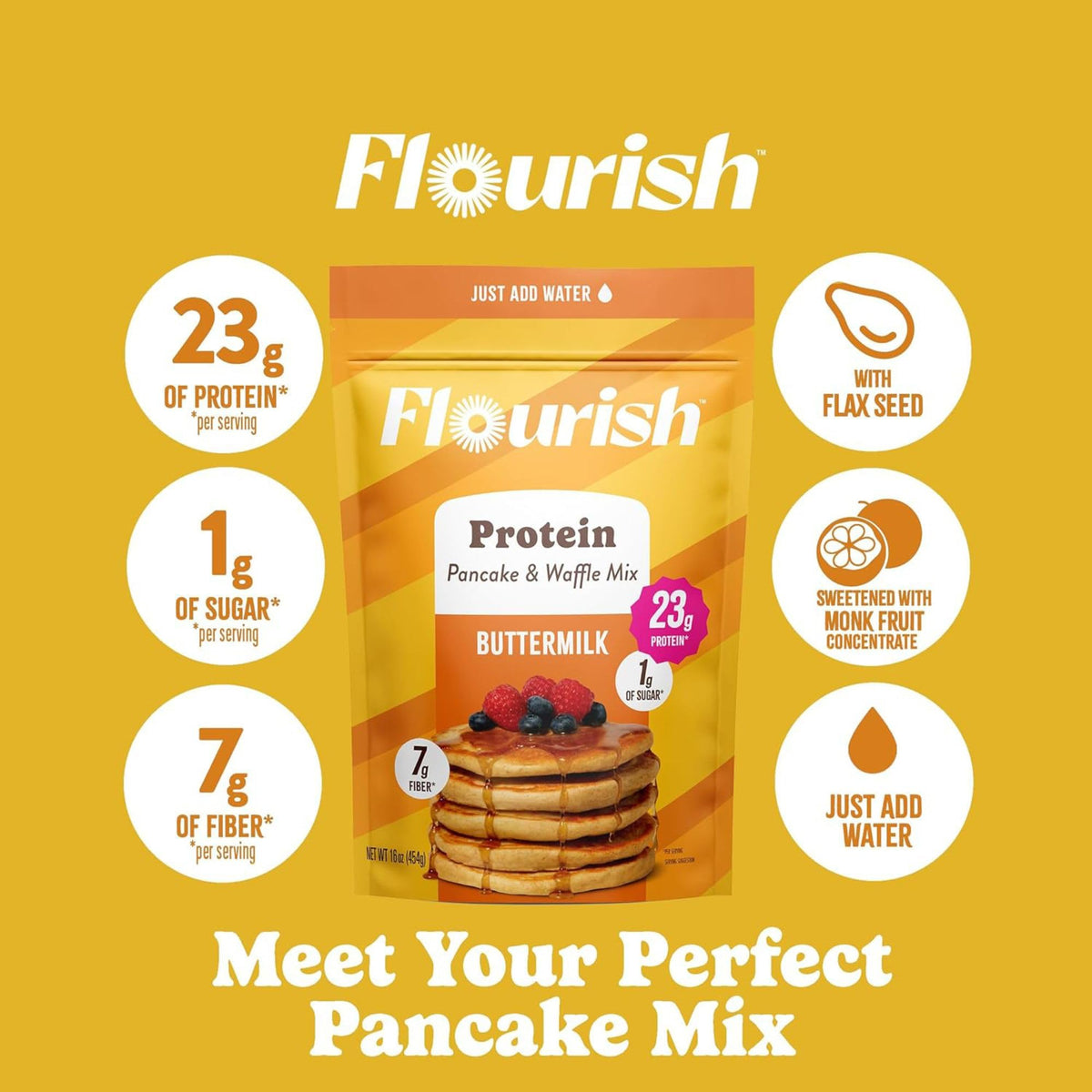 Canada-made Flourish mix packaging highlights quality ingredients.