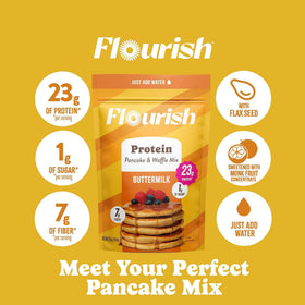 Canada-made Flourish mix packaging highlights quality ingredients.