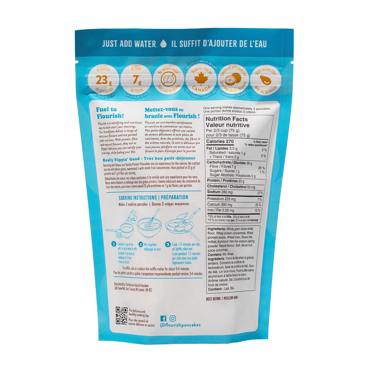 Flourish protein pancake mix vanilla bowl shows quick, fluffy batter.
