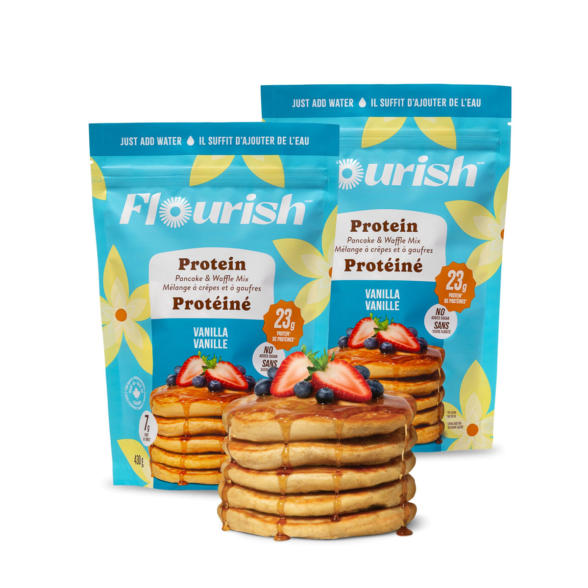 Flourish protein pancake mix vanilla box offers convenient high-protein breakfast.