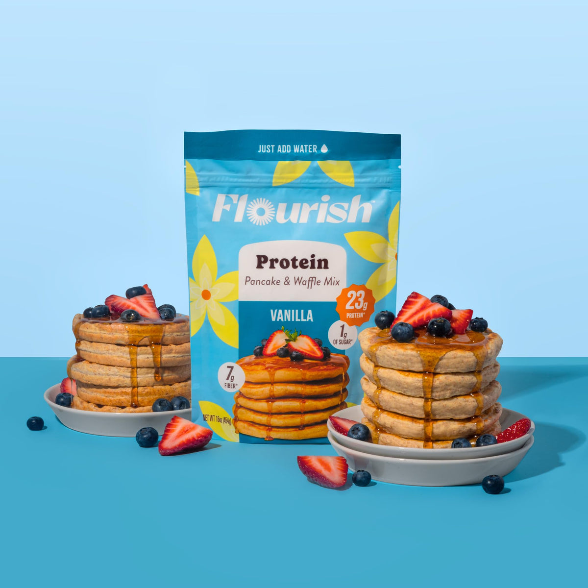 Flourish protein pancake mix vanilla jar conveys pantry-friendly protein.