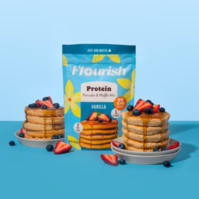 Flourish protein pancake mix vanilla jar conveys pantry-friendly protein.