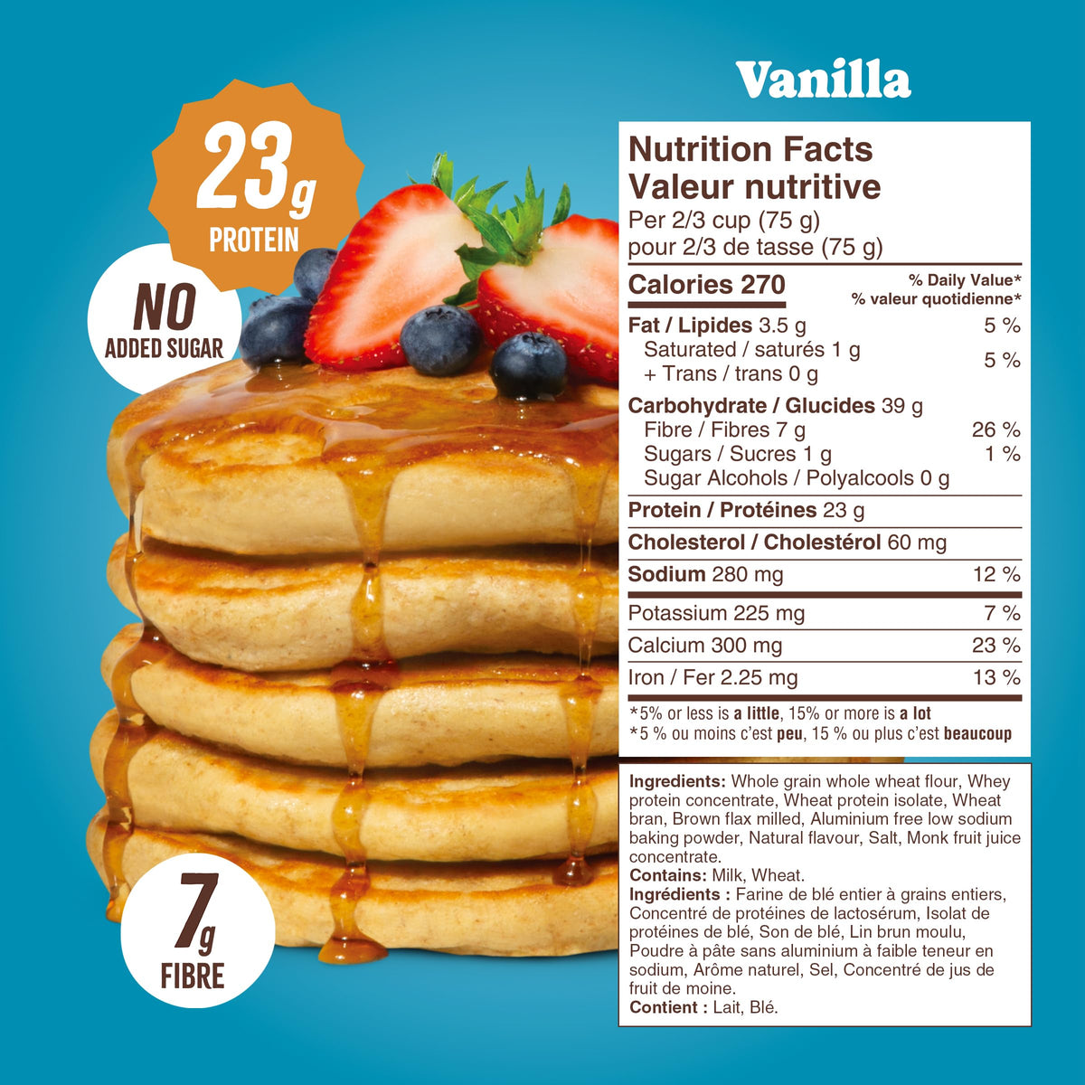 Flourish protein pancake mix vanilla pour highlights easy, on-the-go breakfast prep.