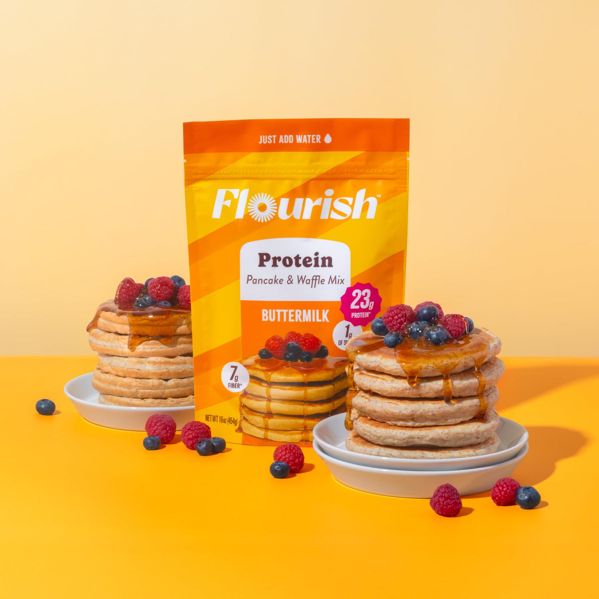 Flourish mix ingredient card highlights flax seeds and whey protein.