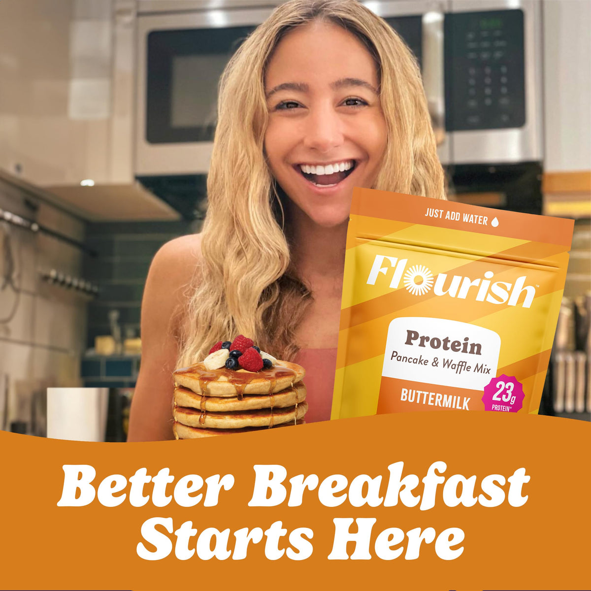 Flourish packaging on shelf shows convenient 3-pack and no sugar claim.