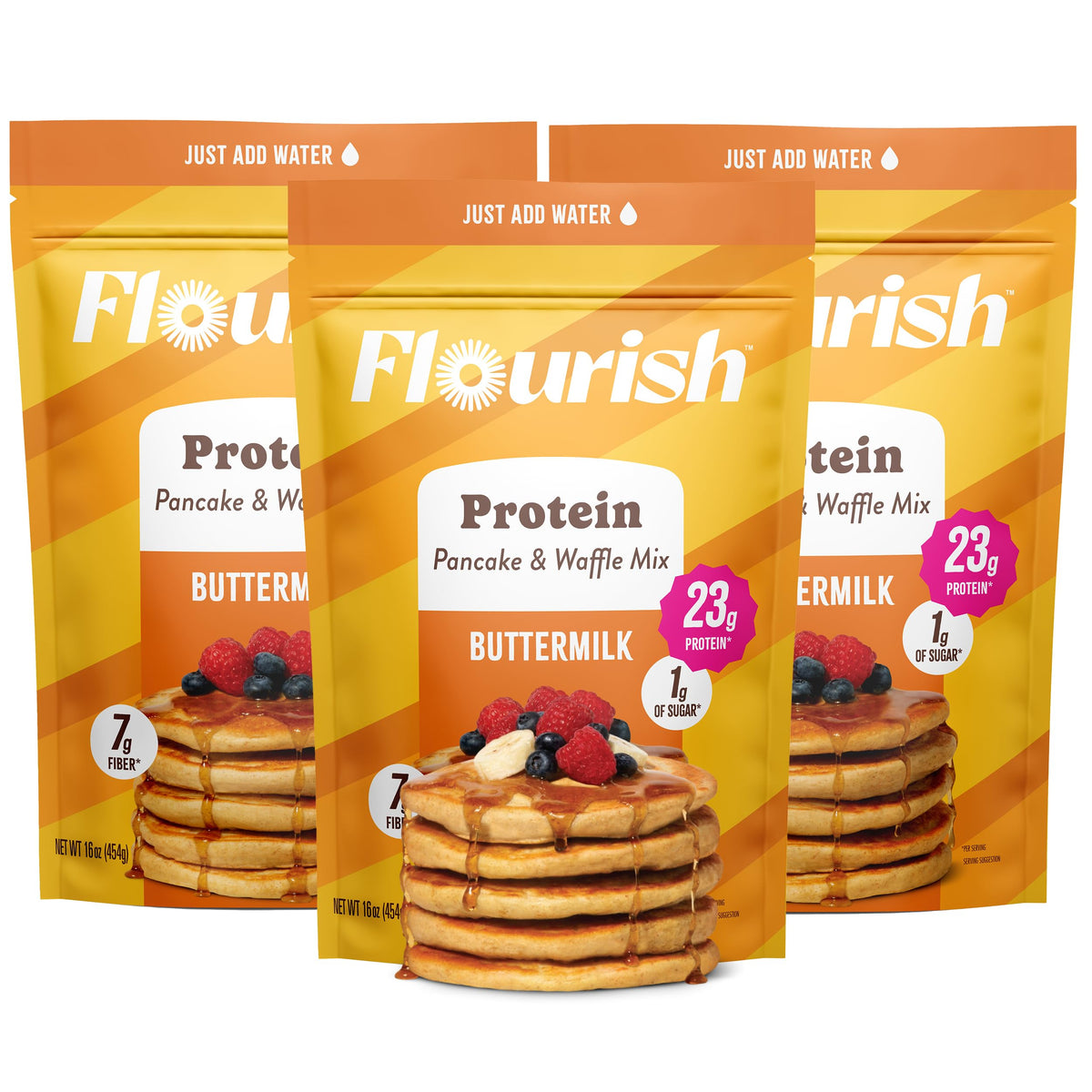 Flourish Protein Pancake & Waffle Mix tub front, high-protein breakfast option.