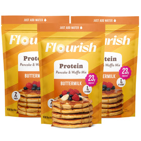 Flourish Protein Pancake & Waffle Mix tub front, high-protein breakfast option.