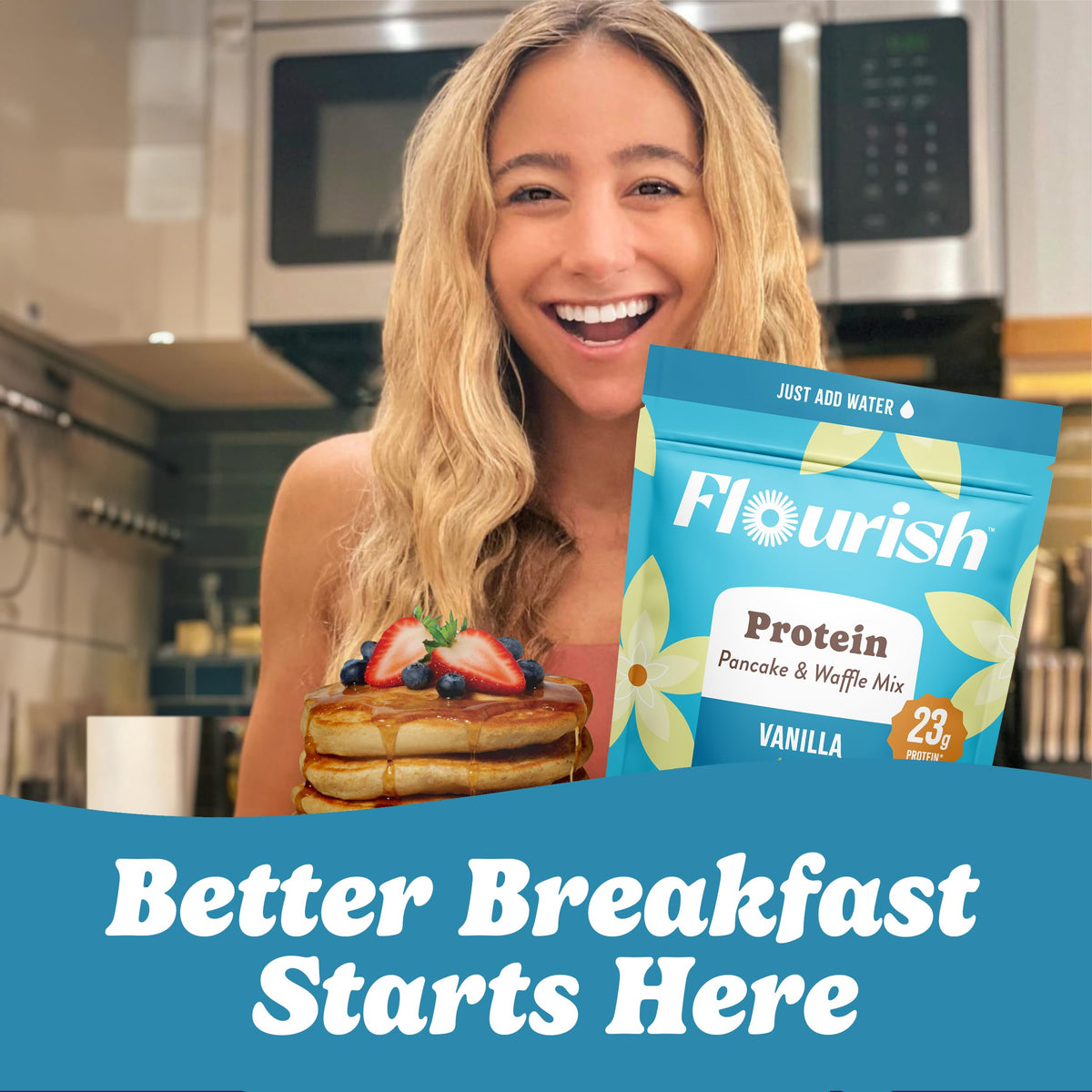 Flourish vanilla pancake served plate shows tasty, guilt-free option.